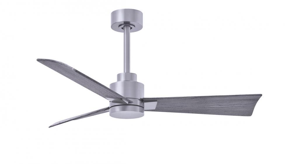 Alessandra 3-blade transitional ceiling fan in brushed nickel finish with Barn Wood blades. Optimi