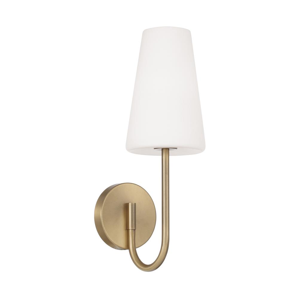 1-Light Armed Sconce in Aged Brass with Tapered Soft White Glass