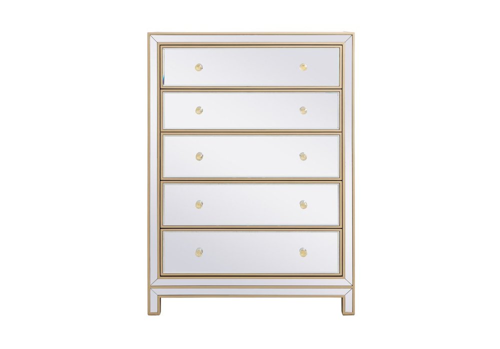 34 inch mirrored five drawer cabinet in gold