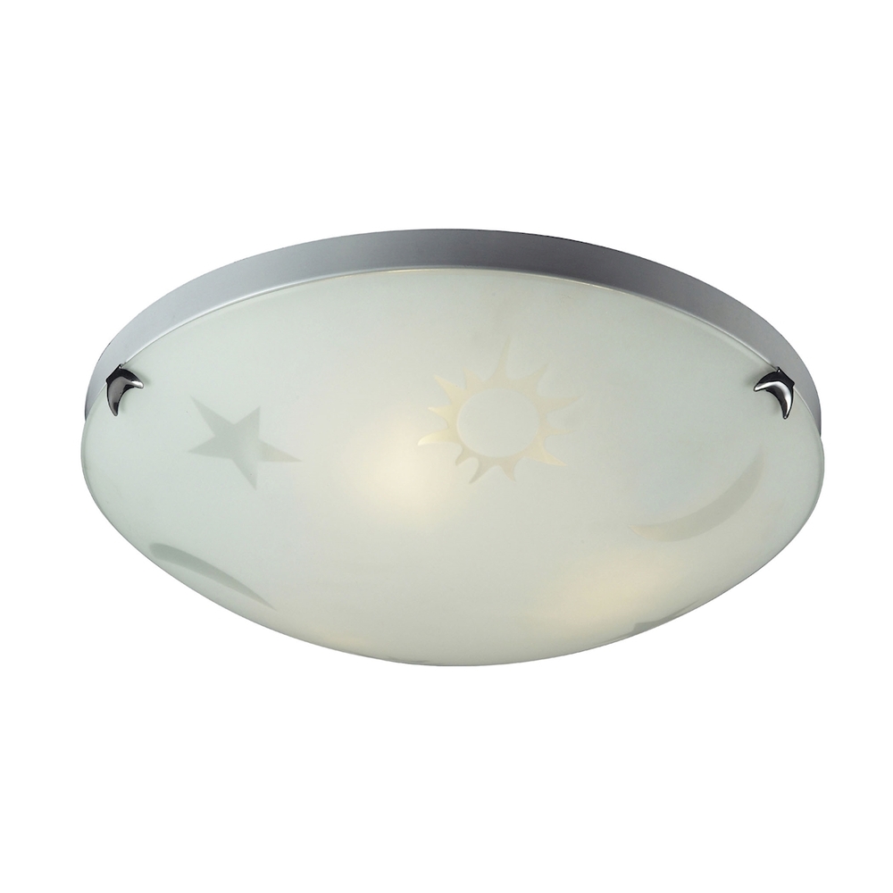 Novelty 3-Light Flush Mount in Satin Nickel with Celestial Sky Motif on White Satin Glass